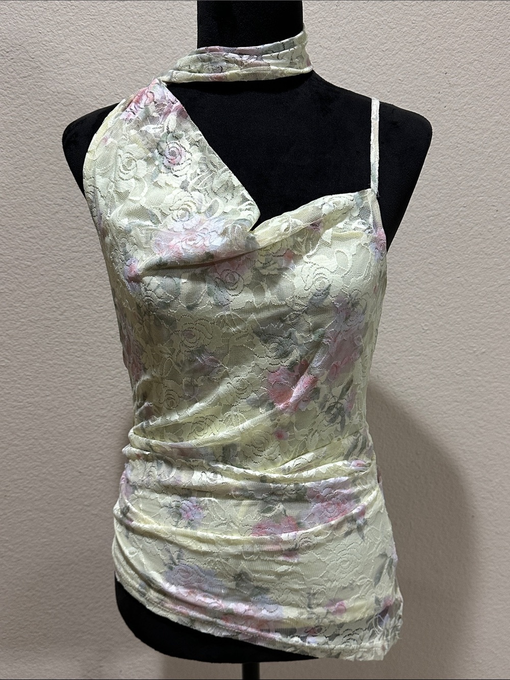 Asymmetrical Lace Cowl Neck Top - Pale Yellow Floral